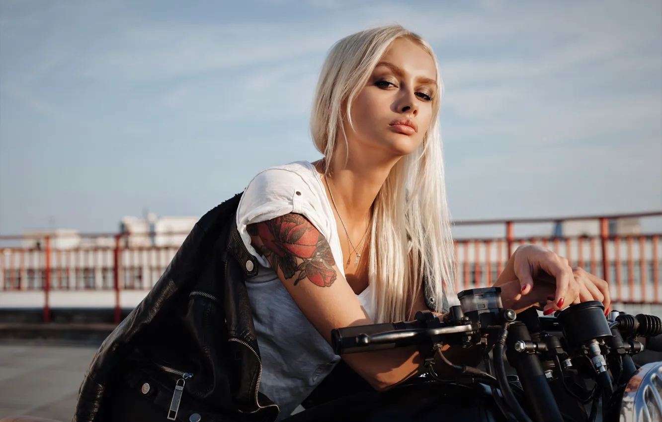 Photo wallpaper girl, jacket, Girl, blonde, lips, Motorcycle, tattoo, Tattoo