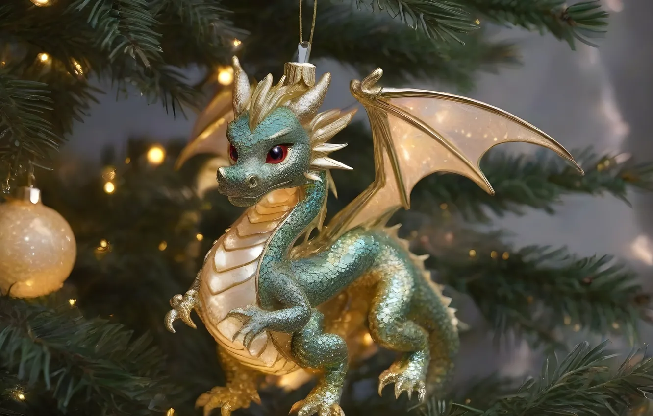 Photo wallpaper balls, branches, dragon, toy, new year, gold, gold plated, garland