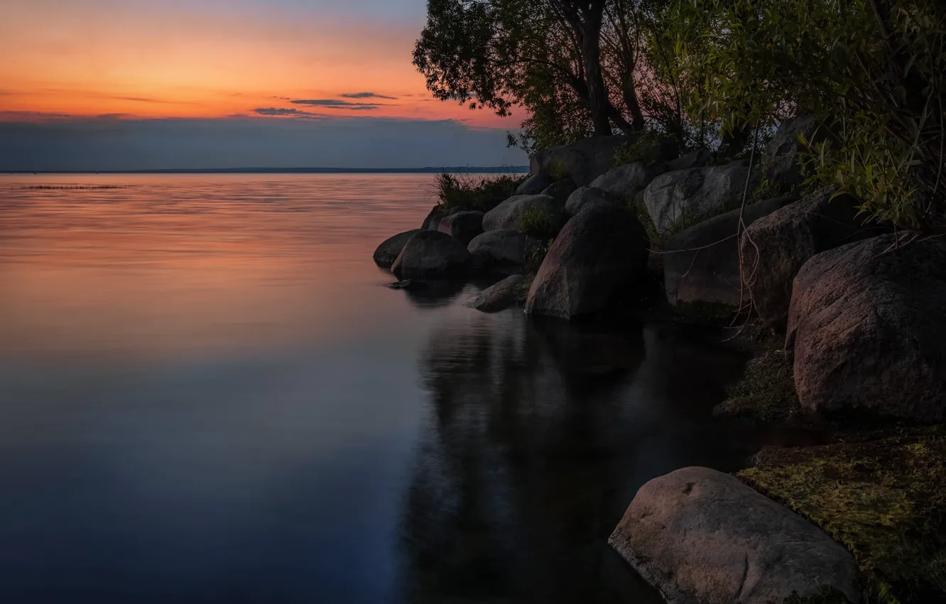 Photo wallpaper trees, landscape, sunset, nature, lake, stones, shore, the evening
