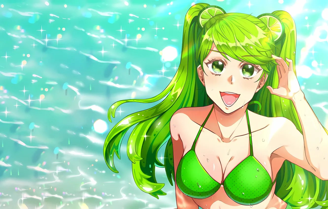 Photo wallpaper girl, sexy, wet, cleavage, green eyes, long hair, boobs, anime