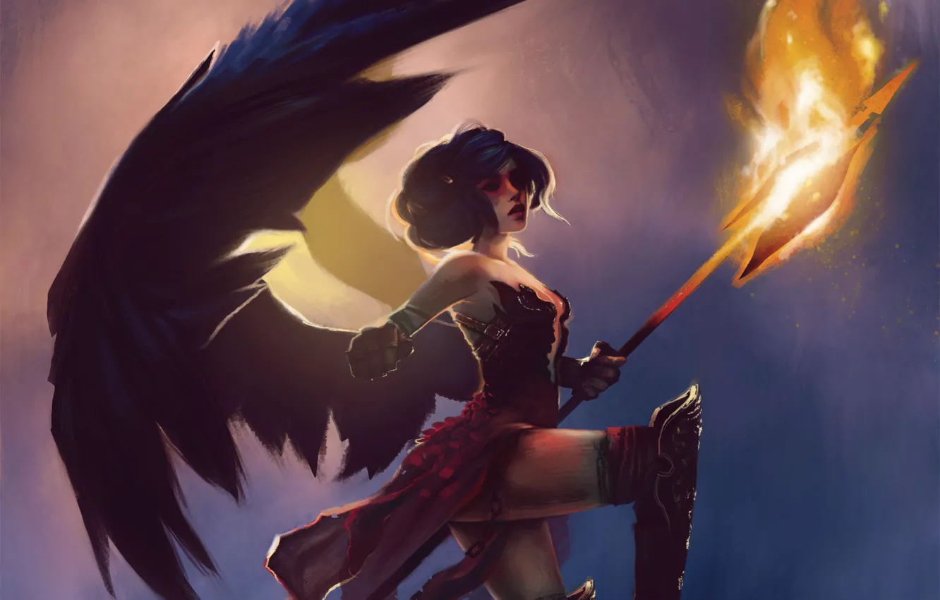 Photo wallpaper girl, lights, wings, art, in the sky, halberd