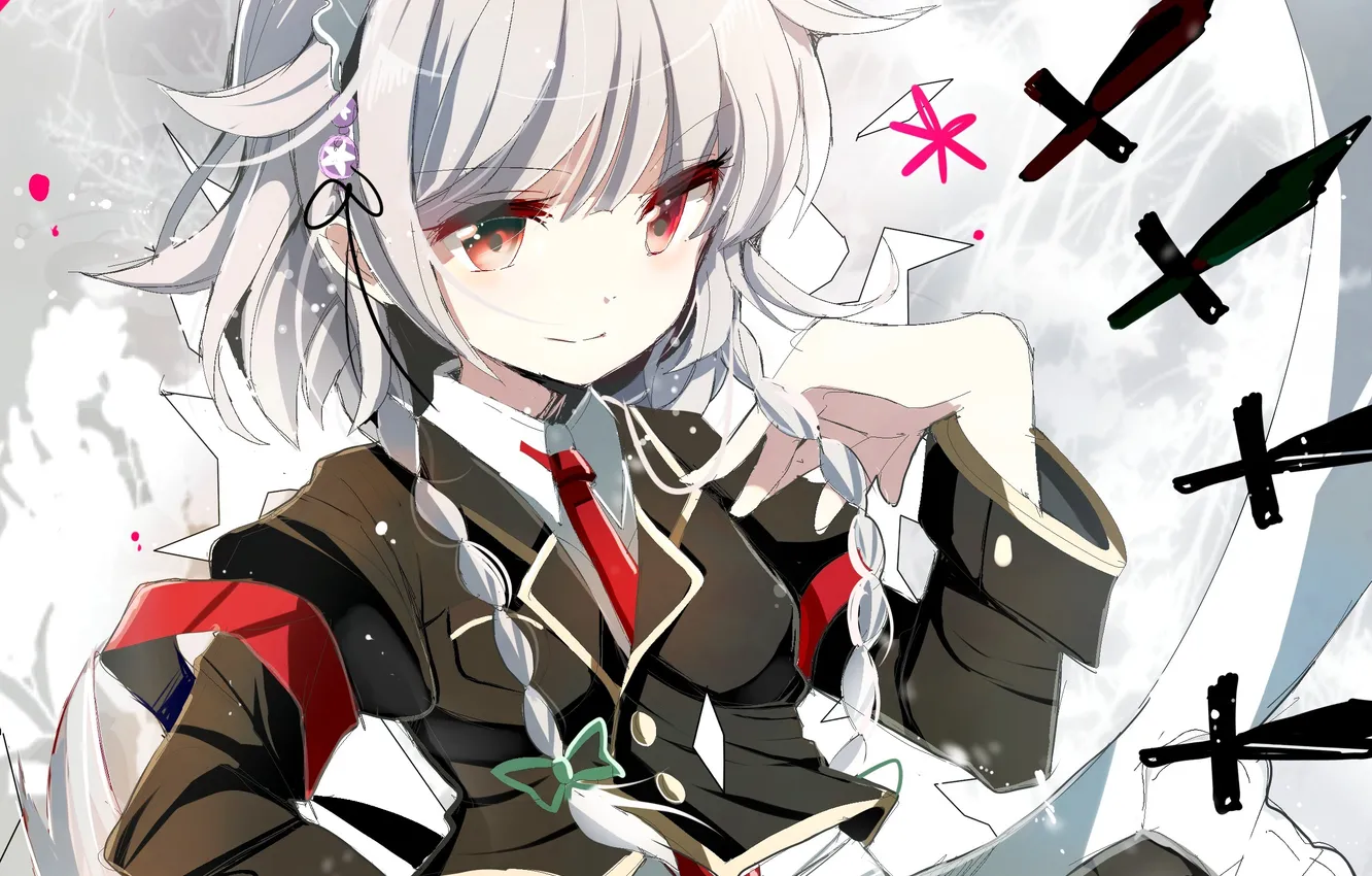 Photo wallpaper girl, art, knife, braids, bow, touhou, Izayoi Sakuya, fumiko