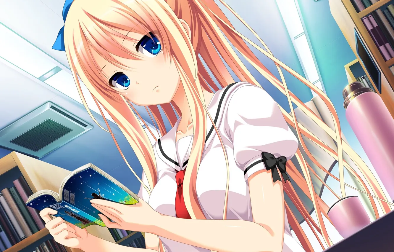 Photo wallpaper look, girl, blonde, book, art, makita maki, sakaki maki