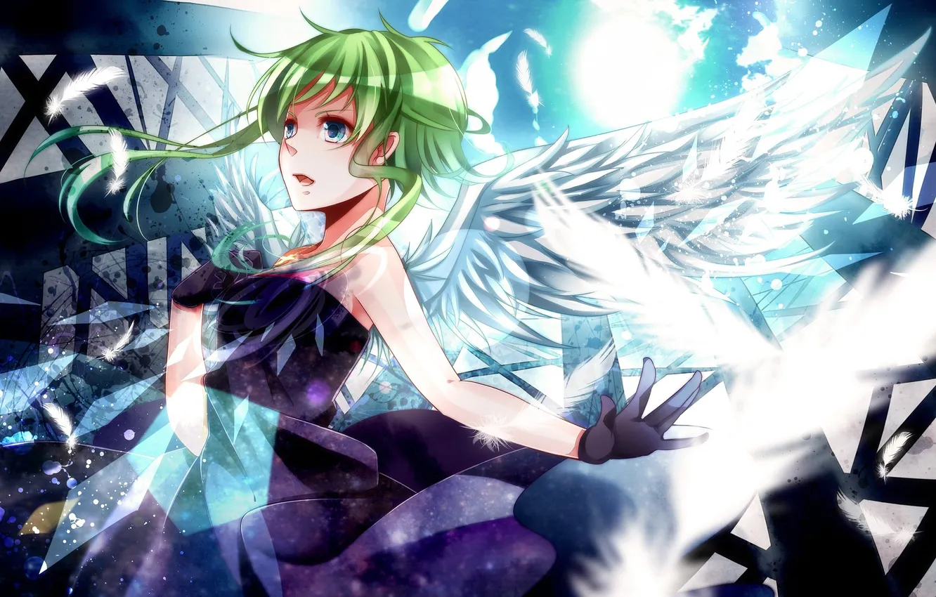 Photo wallpaper the sky, girl, the sun, clouds, wings, anime, feathers, dress