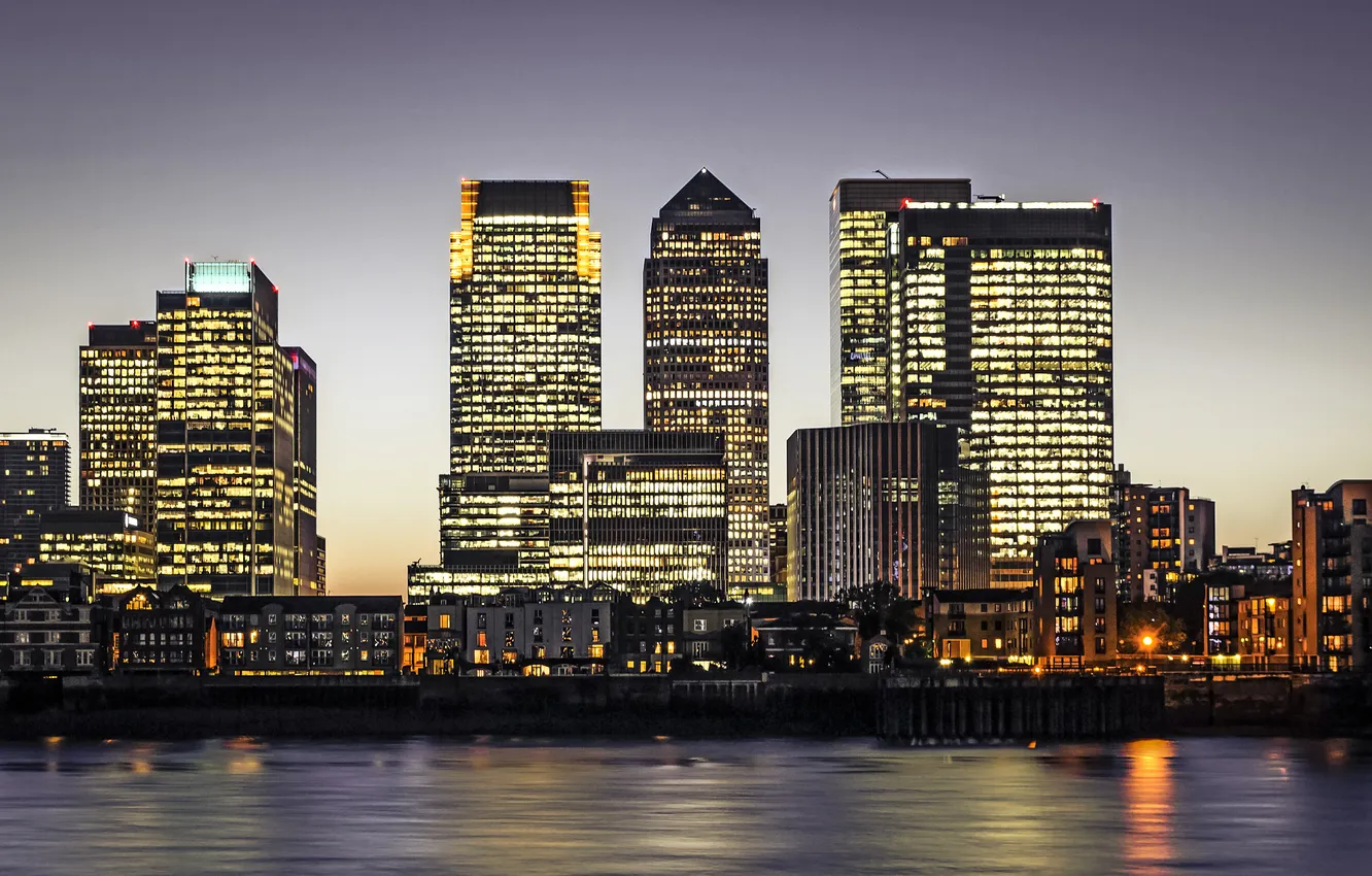 Photo wallpaper city, the city, lights, lights, England, London, skyscrapers, Thames