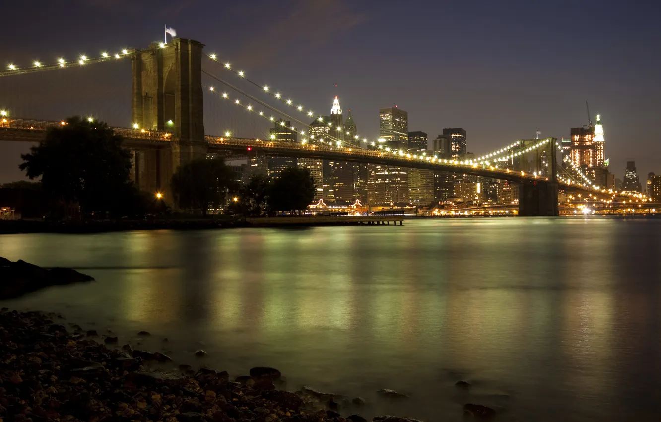 Photo wallpaper bridge, the city, lights, lights, skyscrapers, Brooklyn, New York, trees