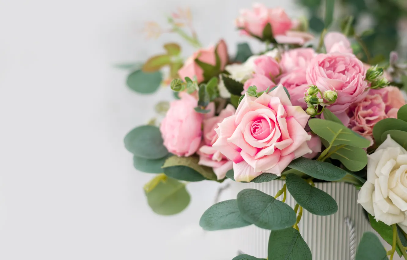 Photo wallpaper flowers, box, roses, bouquet, pink, beautiful