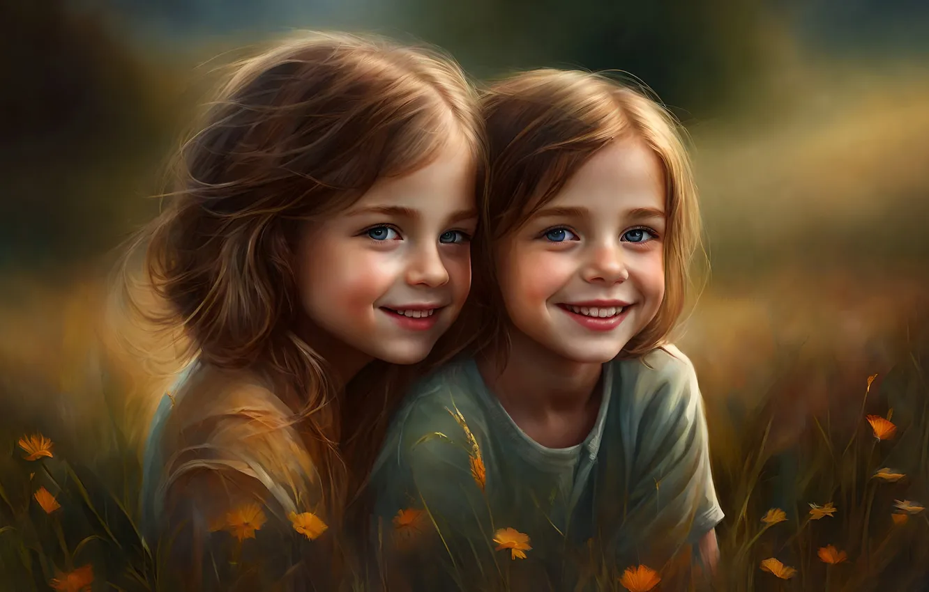 Photo wallpaper joy, flowers, meadow, girl