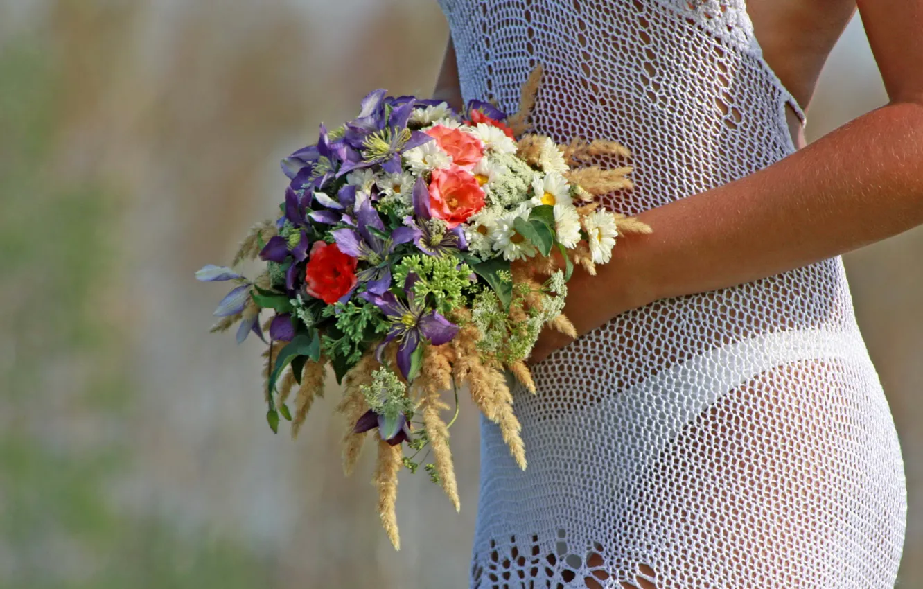 Photo wallpaper girl, bouquet, dress