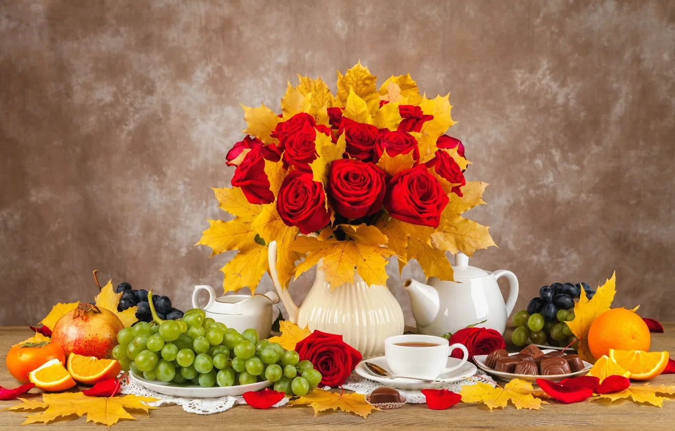 Photo wallpaper autumn, leaves, bouquet, candy, fruit