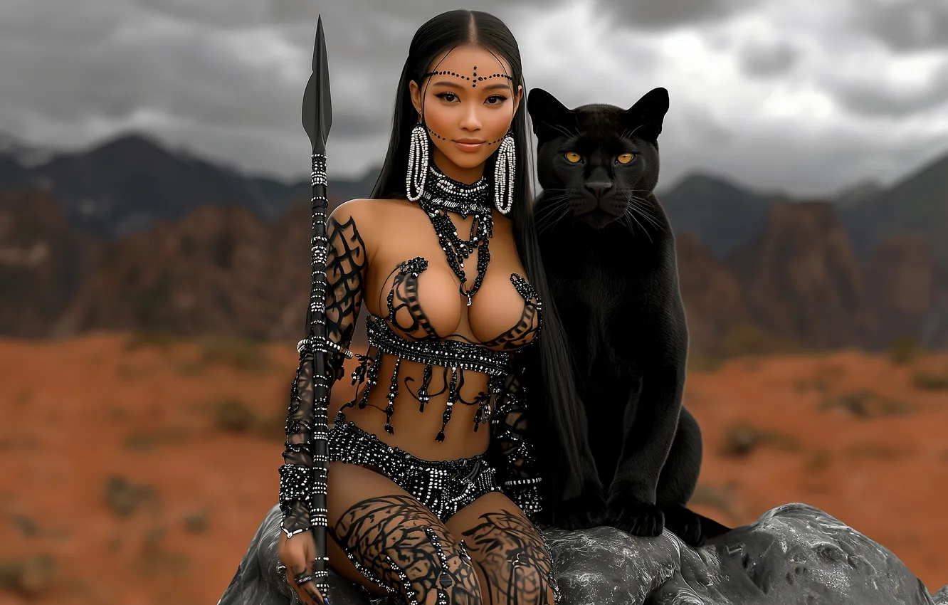 Photo wallpaper field, chest, the sky, look, girl, clouds, decoration, mountains