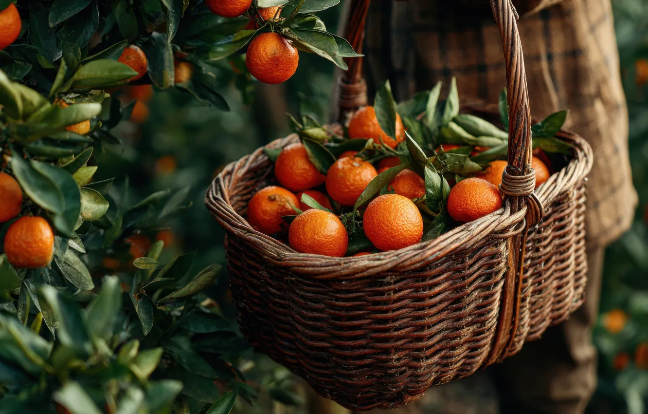Photo wallpaper leaves, branches, orange, garden, fruit, fruit, basket, tangerines