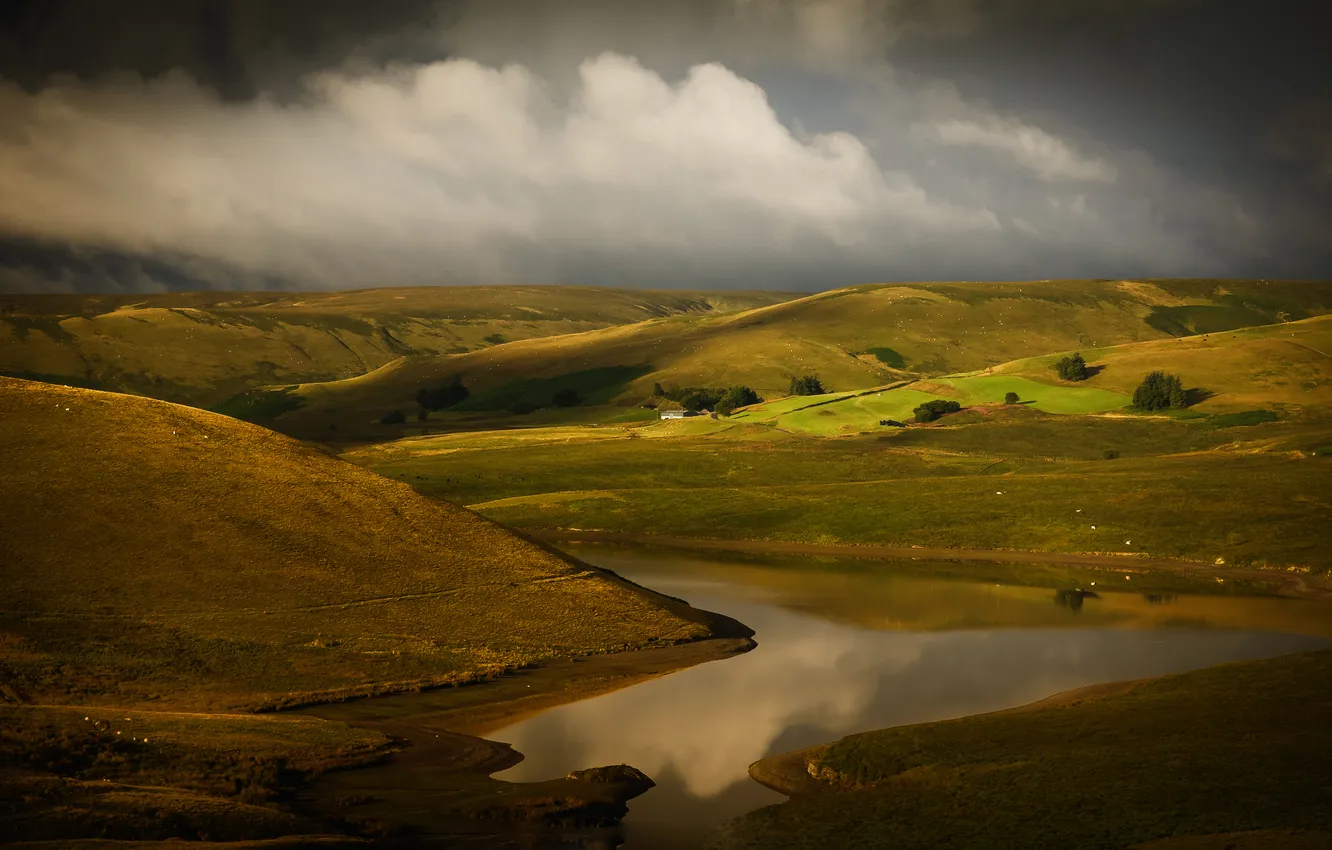 Photo wallpaper mountains, clouds, hills, shore, slope, pond