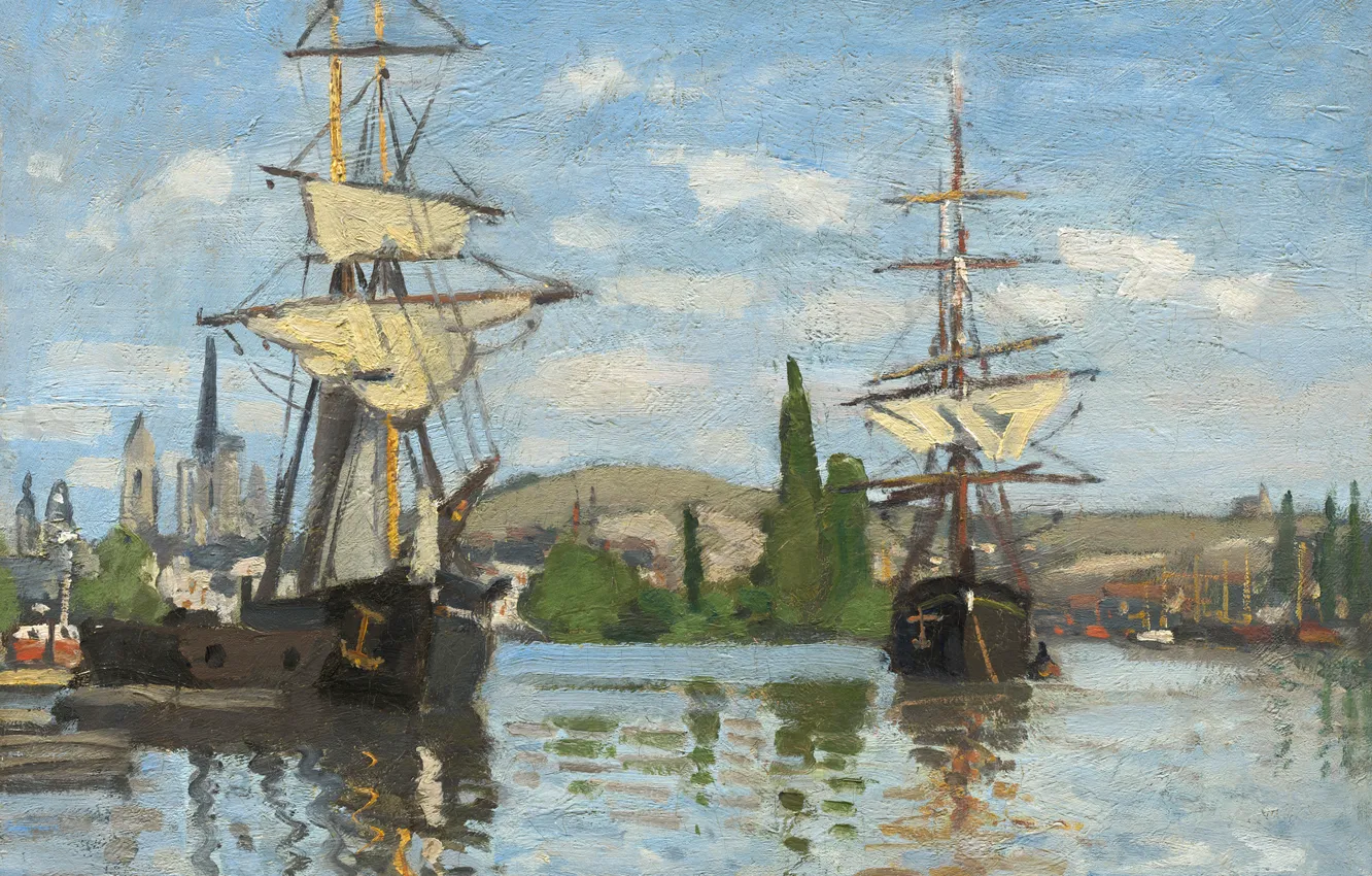 Photo wallpaper landscape, picture, Claude Monet, Sailing Ships on the Seine in Rouen