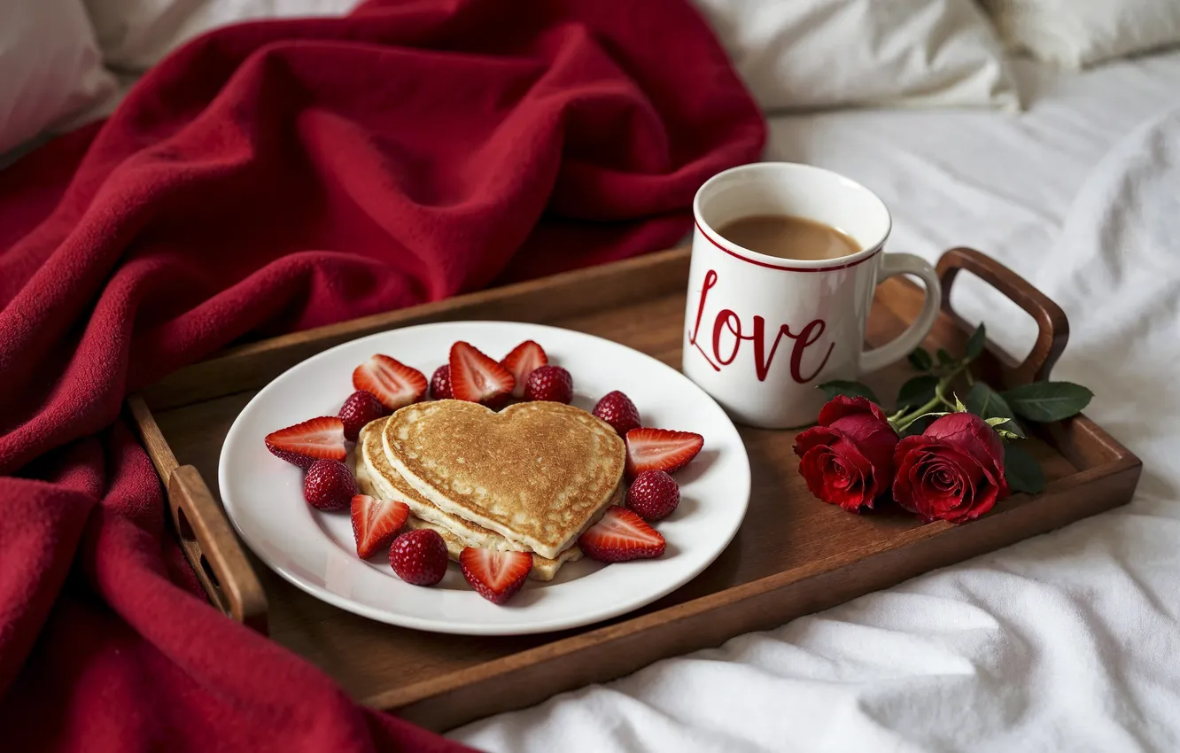 Photo wallpaper love, flowers, romance, heart, roses, Breakfast, love, pancakes