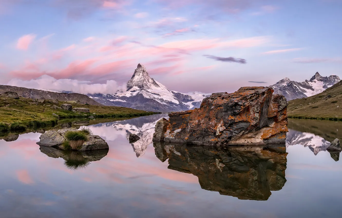 Photo wallpaper lake, stones, mountain, Switzerland, Matterhorn