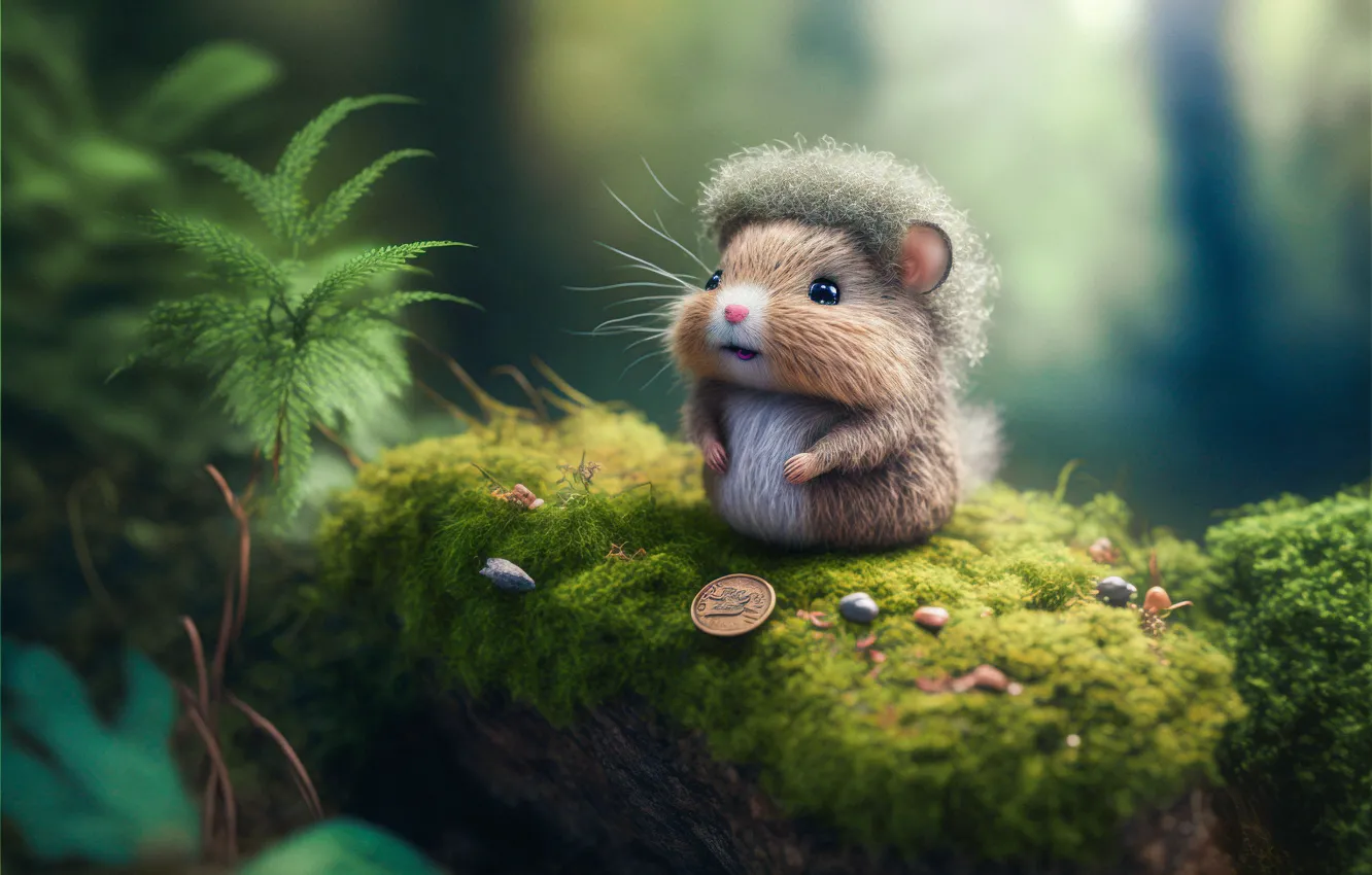 Photo wallpaper nature, rendering, graphics, moss, animal, hamster, baby, hairstyle