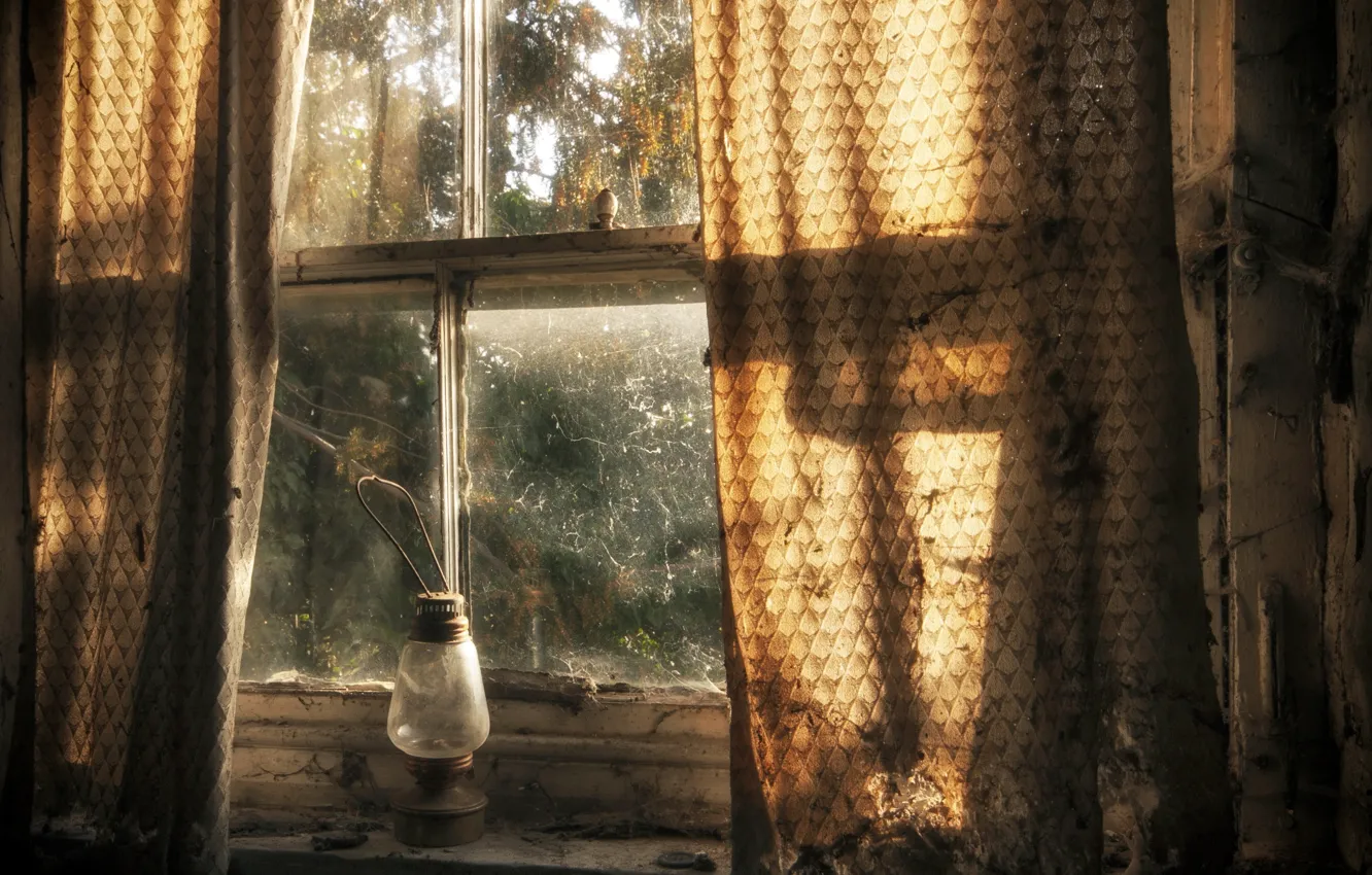 Photo wallpaper lamp, window, curtains