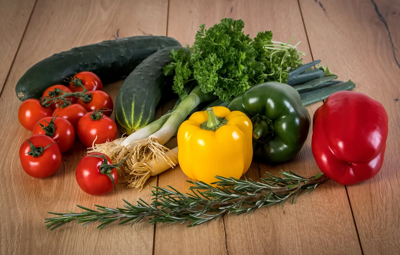 Photo wallpaper greens, Board, bow, pepper, vegetables, tomatoes, different, cucumbers