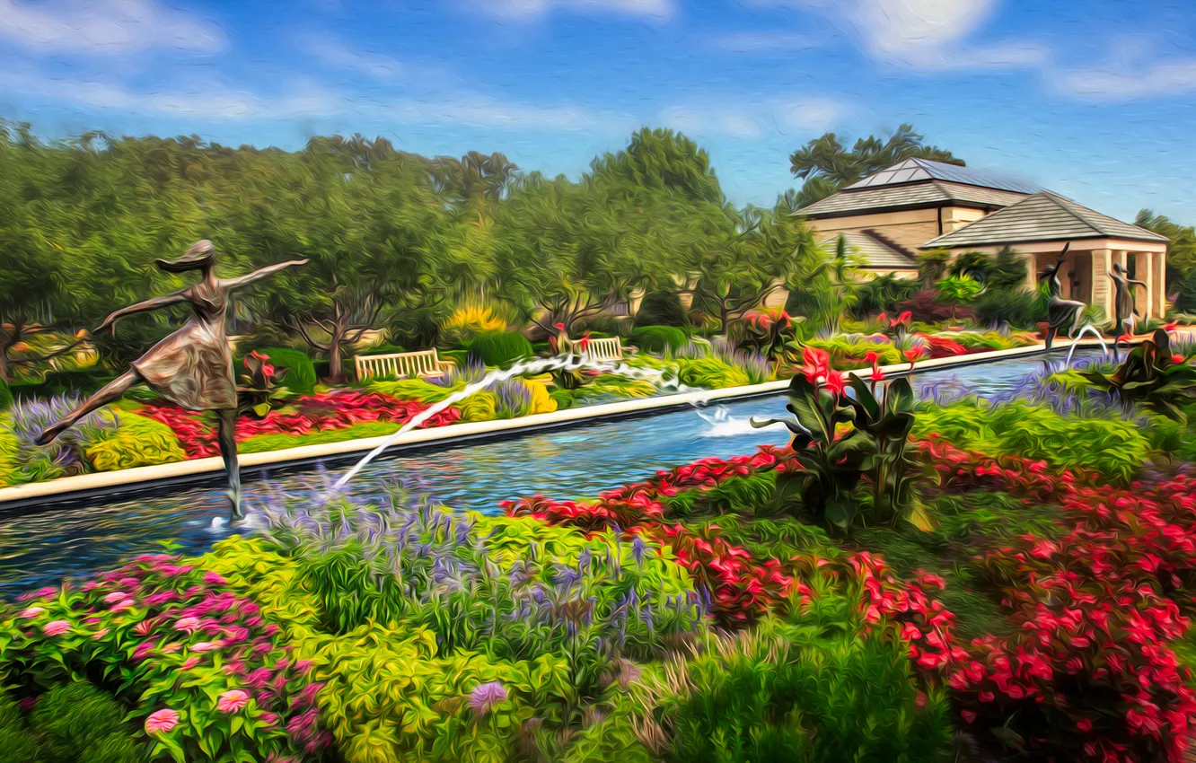 Photo wallpaper flowers, Park, treatment, pool, fountain, sculpture