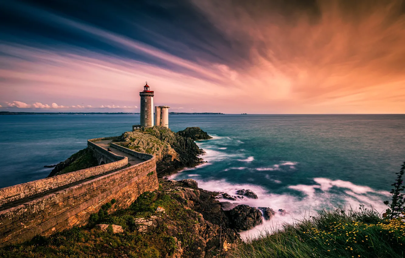 Photo wallpaper sea, sunset, coast, France, lighthouse, France, Brittany, Brittany
