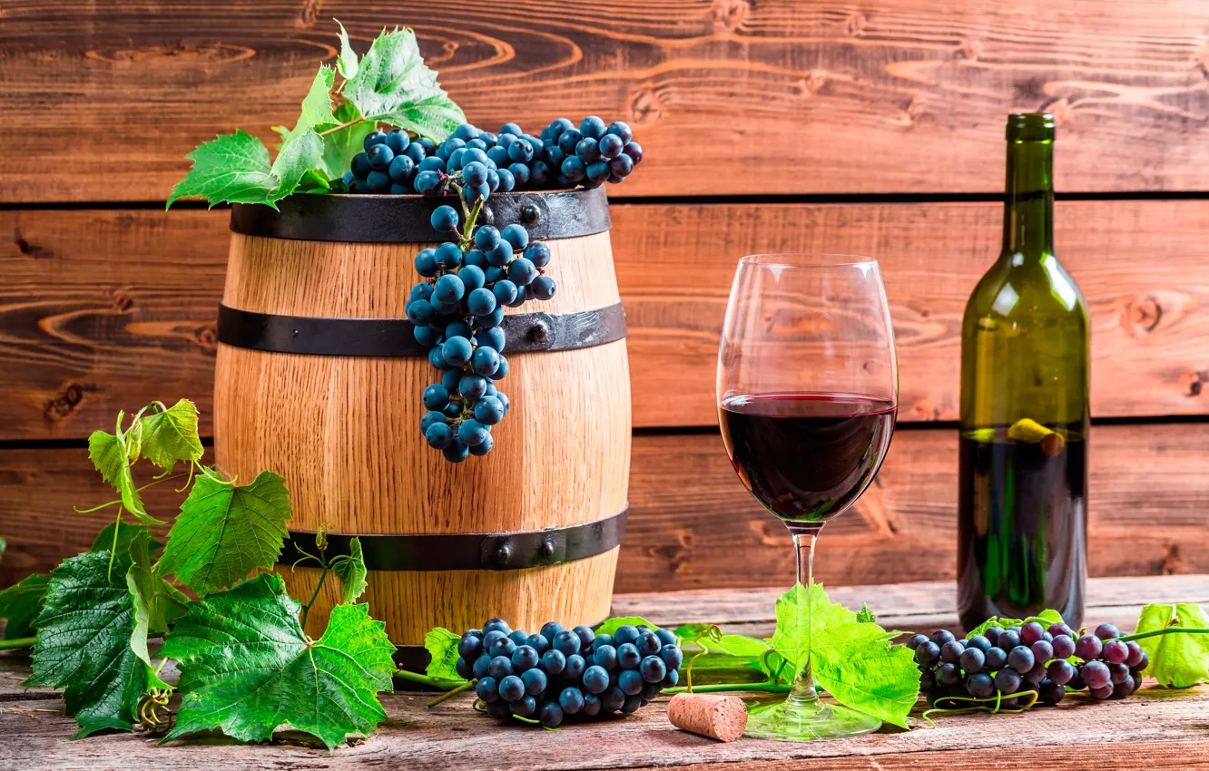 Photo wallpaper leaves, table, wine, red, Board, glass, bottle, grapes
