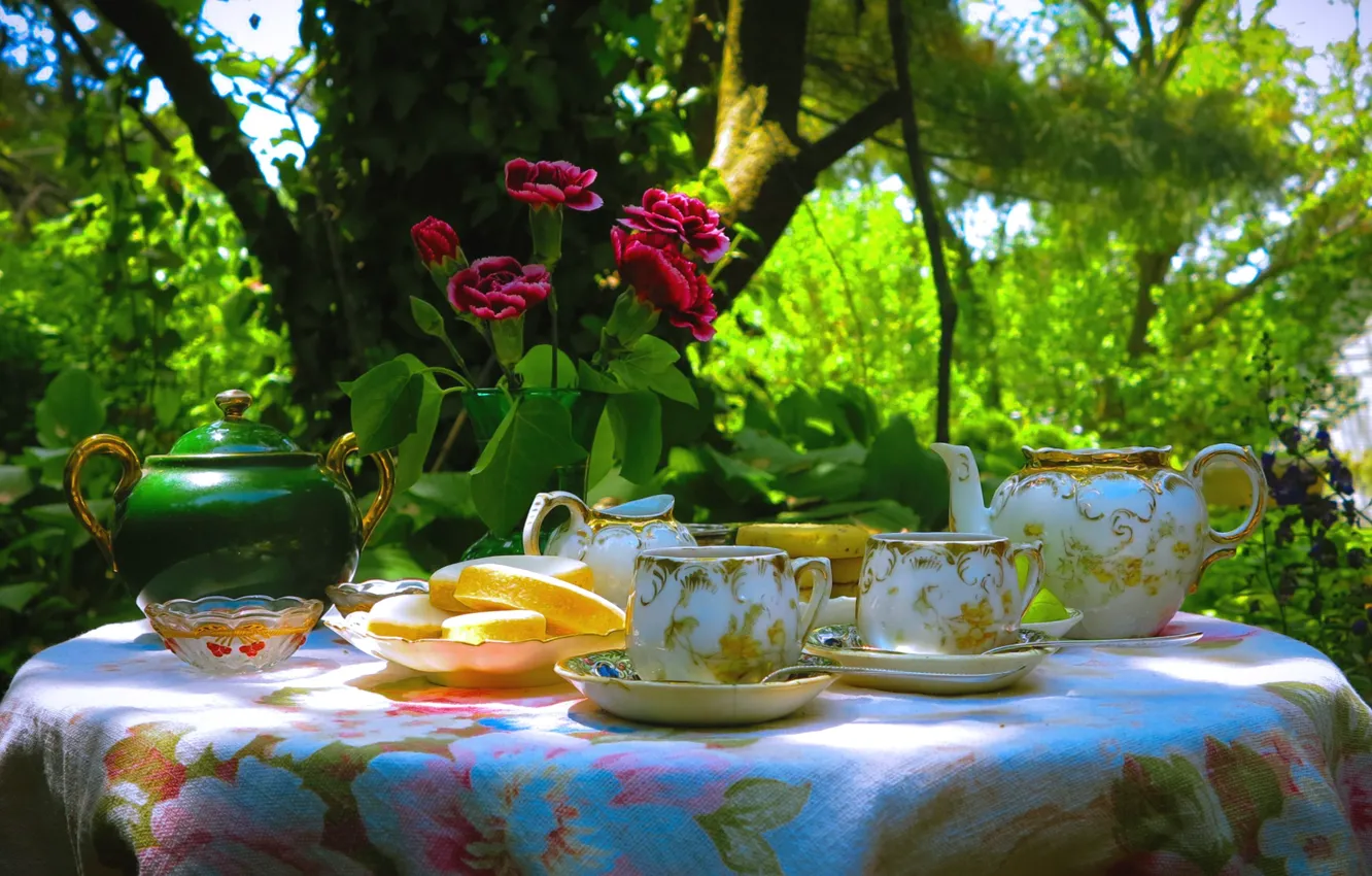 Photo wallpaper table, tea, dishes, geranium
