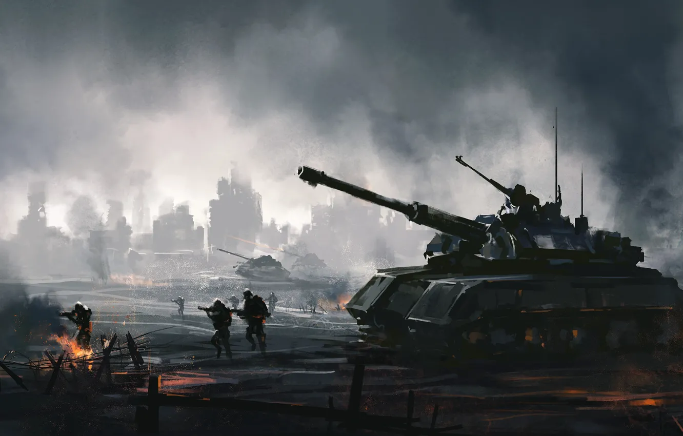 Photo wallpaper The city, Smoke, War, Soldiers, Tanks, Attack, Devastation, The end of the world