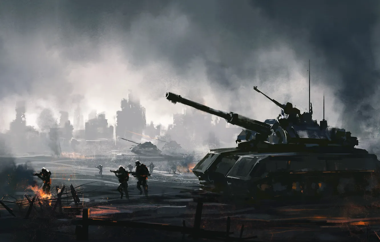 Photo wallpaper the city, war, attack, smoke, soldiers, tank, devastation, the end of the world