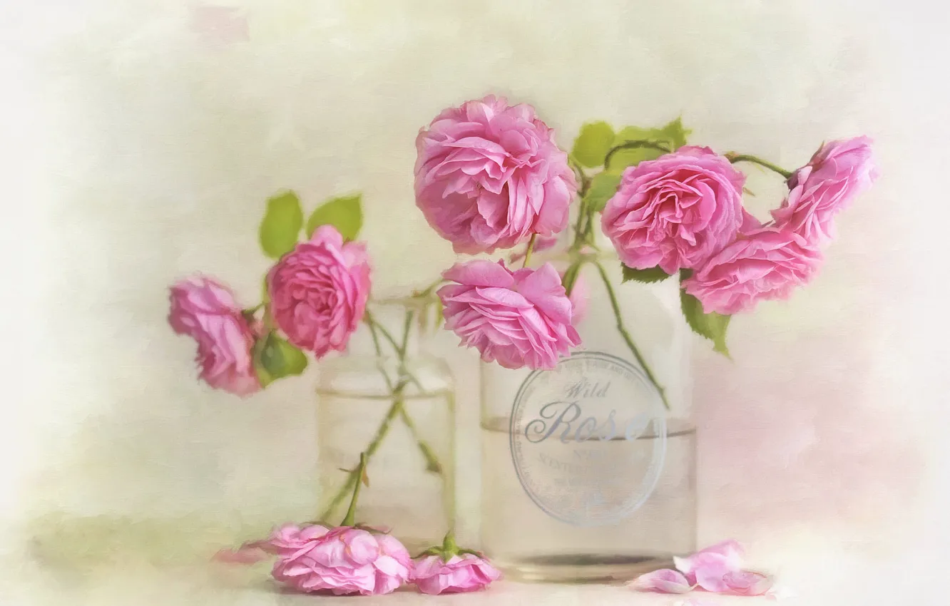 Photo wallpaper glass, flowers, background, roses, bouquet, art, jars, pink