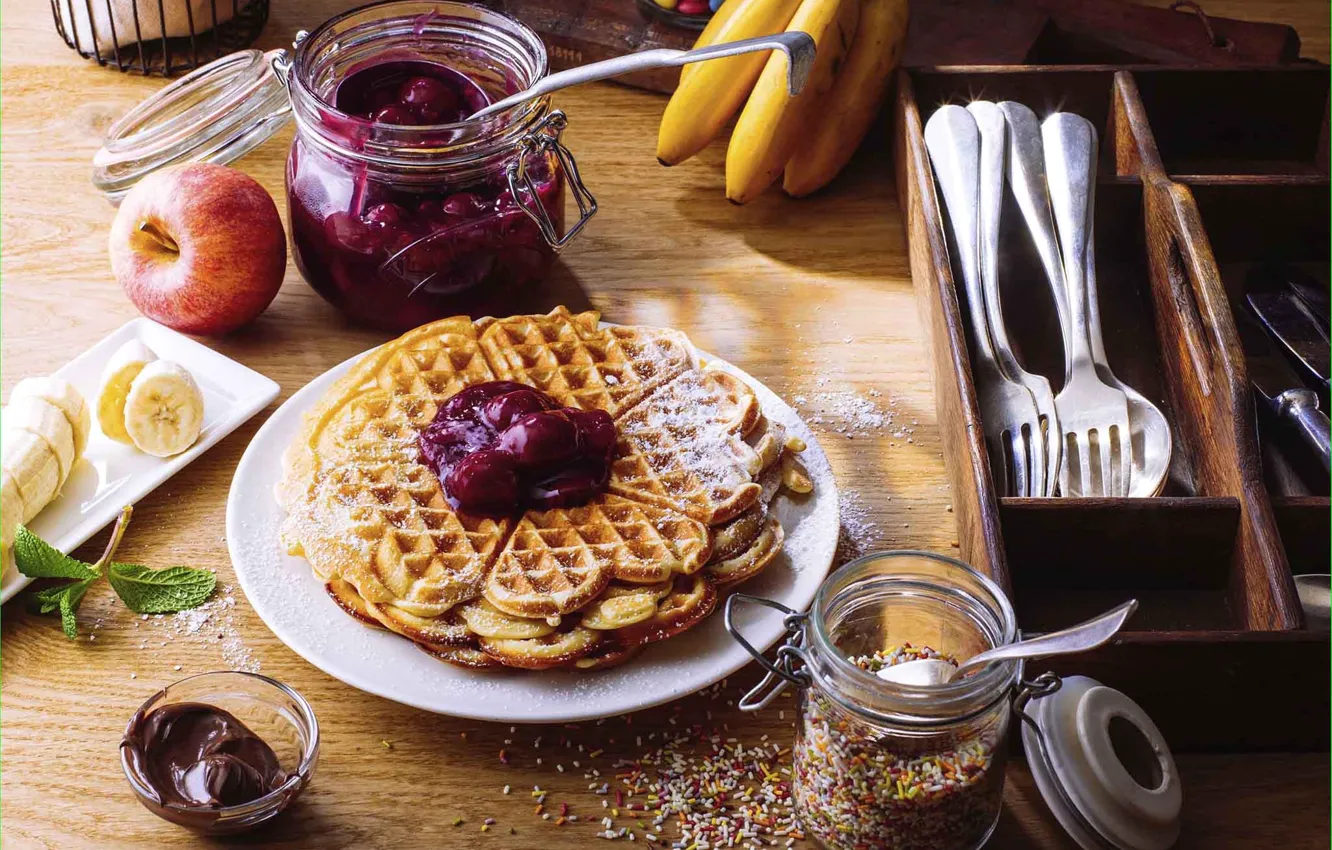 Photo wallpaper bananas, waffles, jam