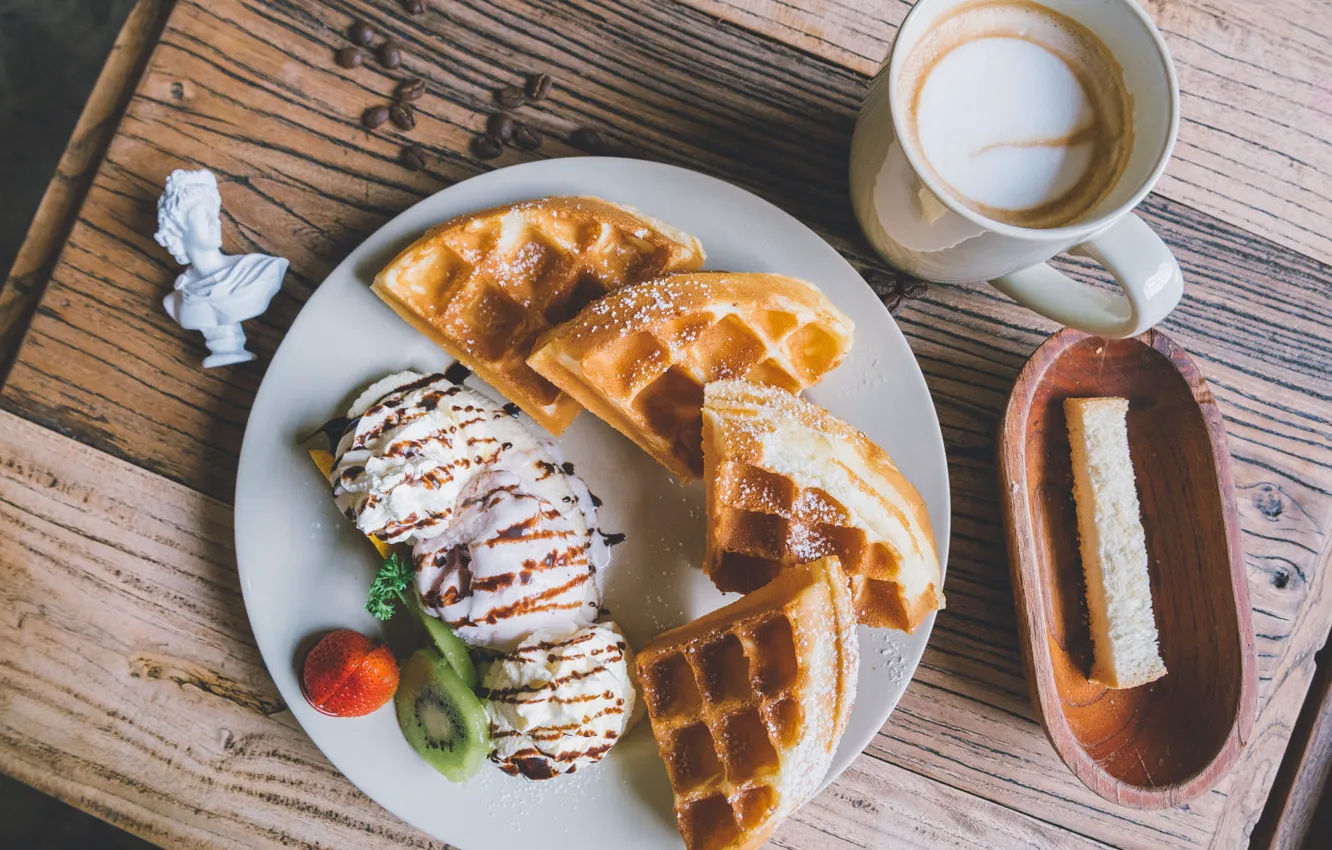 Photo wallpaper coffee, cream, waffles