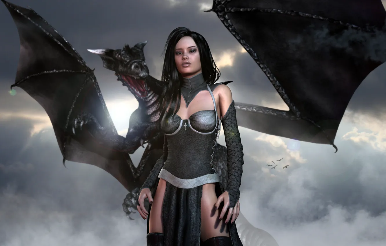 Photo wallpaper girl, dragon, 3d art, arne, Dragonlord