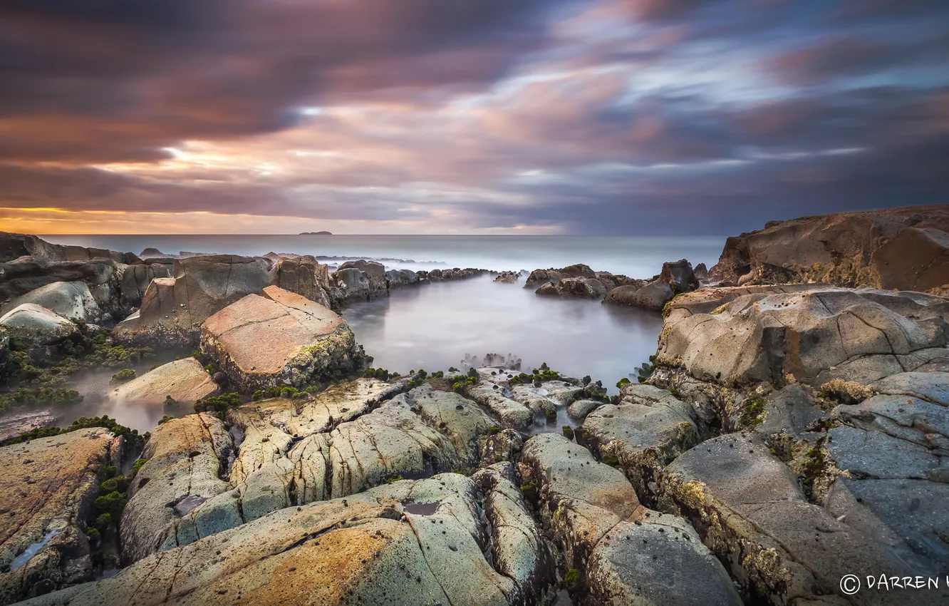 Photo wallpaper sea, rocks, dawn, shore