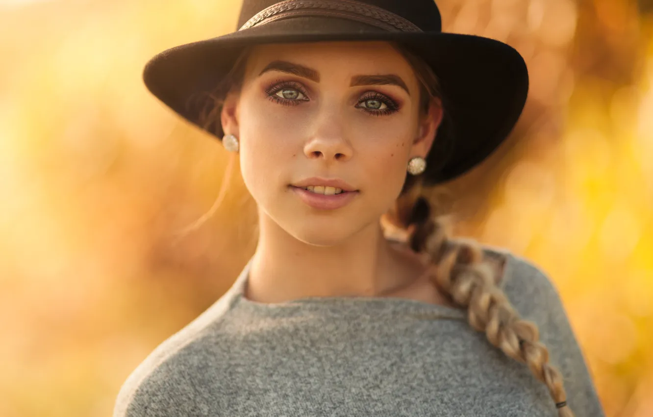 Photo wallpaper look, yellow, background, portrait, hat, makeup, hairstyle, blonde
