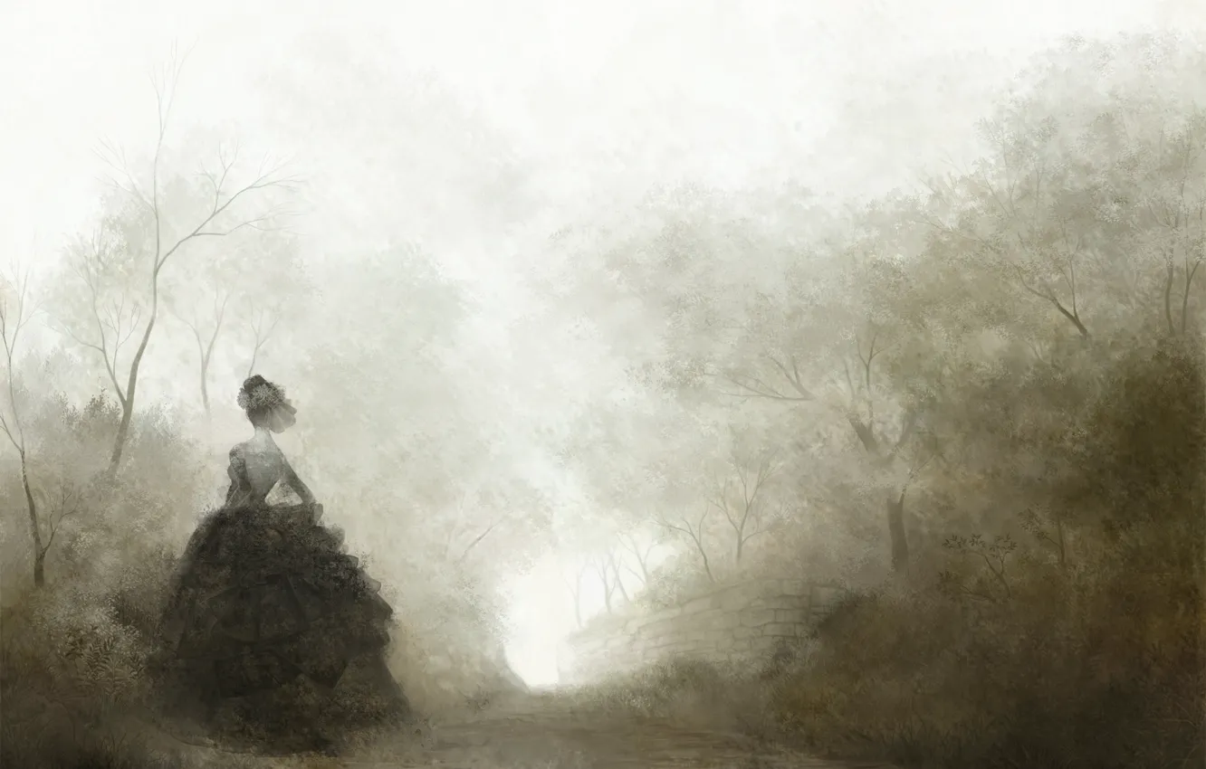 Photo wallpaper road, trees, fog, loneliness, Girl, black, lady, Quinceanera dresses