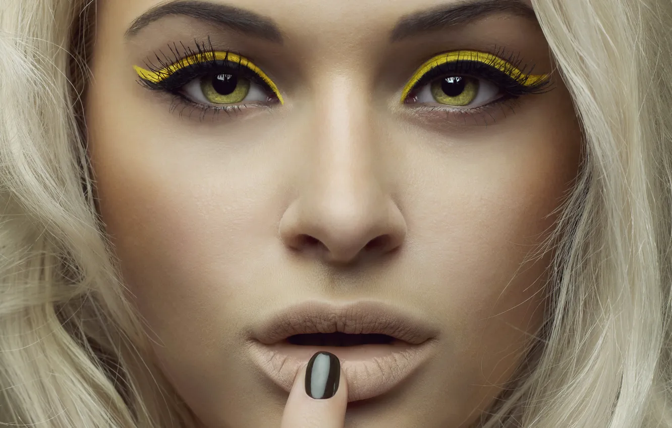 Photo wallpaper look, girl, yellow, face, model, shadow, blonde, green eyes