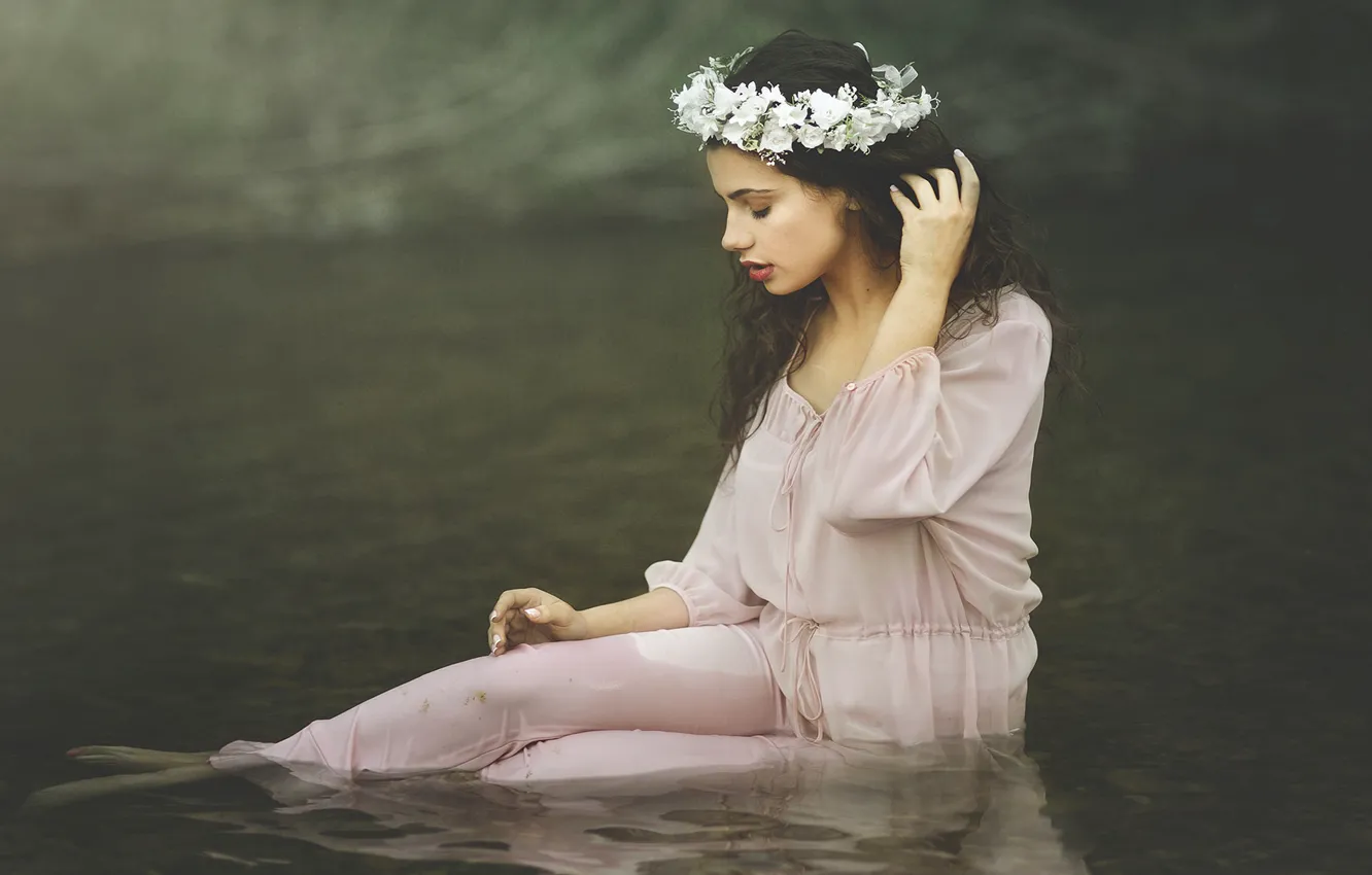Photo wallpaper water, girl, flowers, mood, brunette, wreath