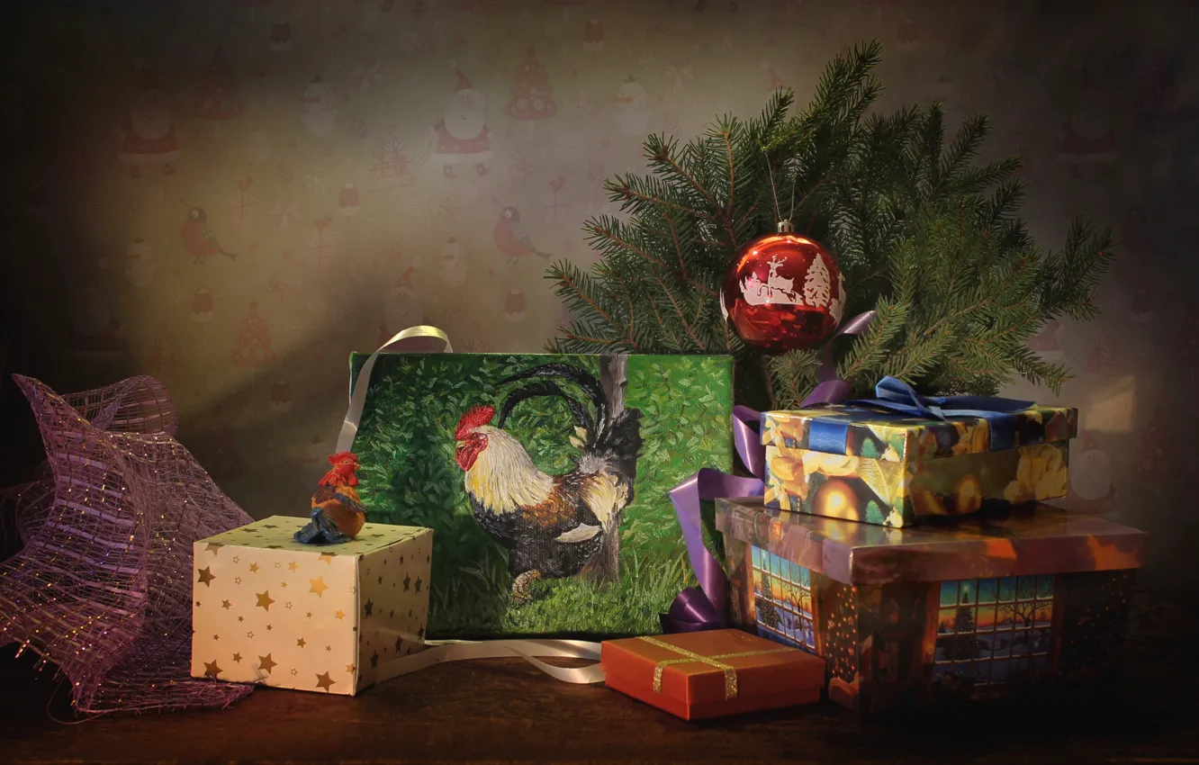 Photo wallpaper holiday, box, gift, toy, tree, picture, 2017, the year of the rooster