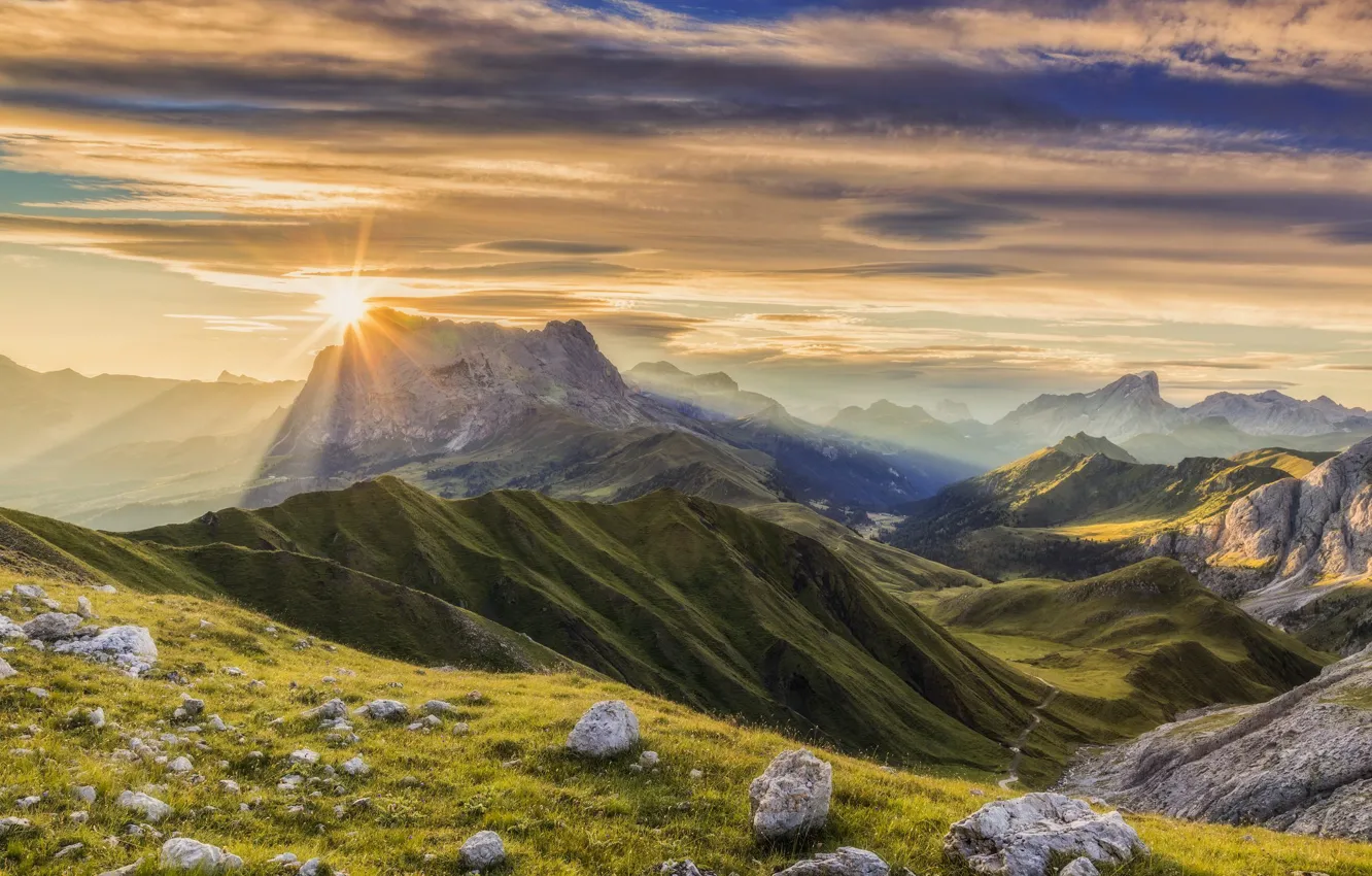 Photo wallpaper the sun, mountains, rocks, slope