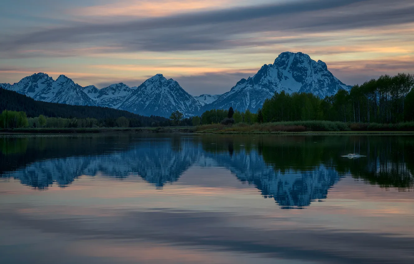 Photo wallpaper forest, clouds, snow, mountains, lake, reflection, blue, shore