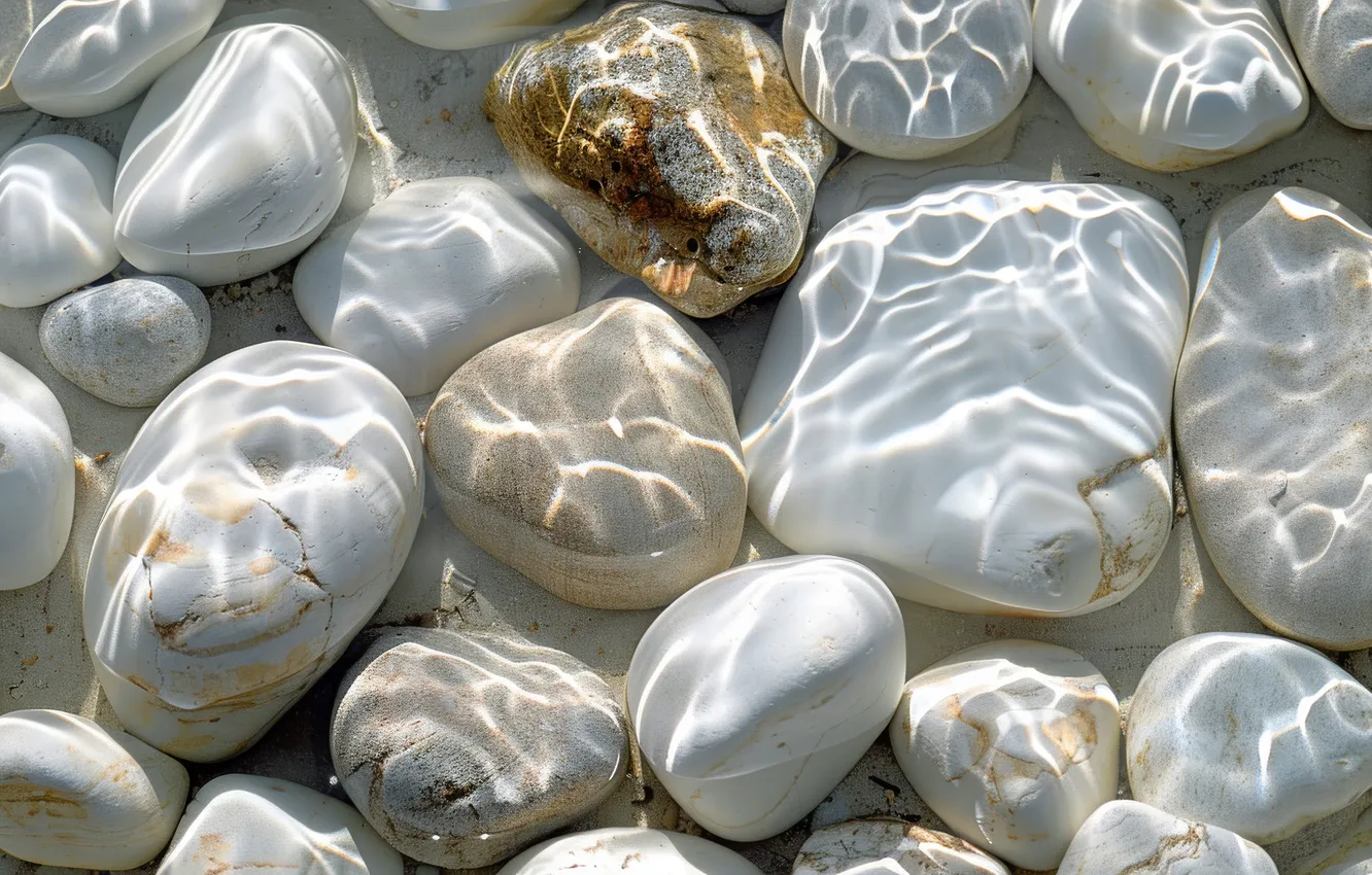 Photo wallpaper water, light, strips, pebbles, glare, stones, shadow, the bottom