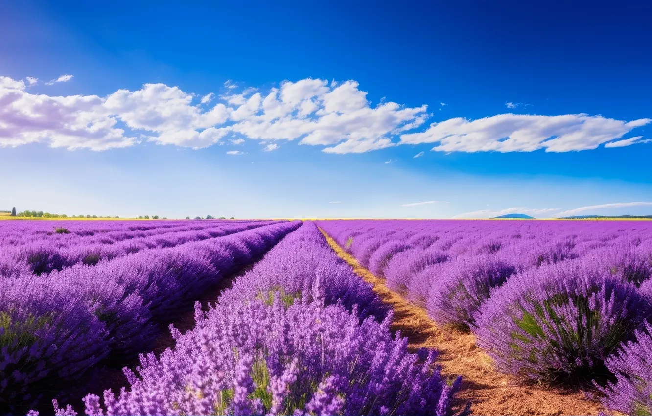 Photo wallpaper summer, clouds, flowers, blue, dal, a number, lavender, lavender field
