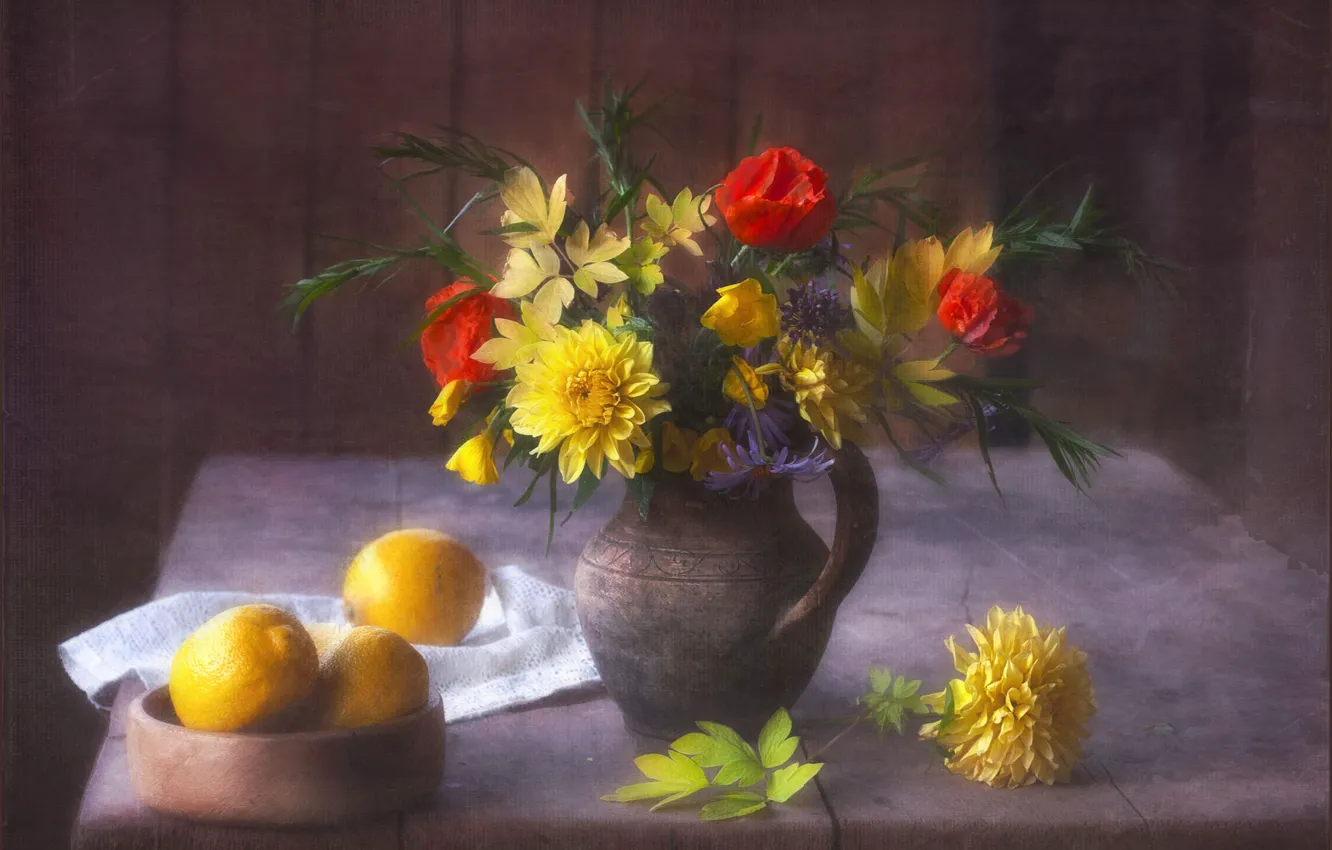 Photo wallpaper leaves, flowers, yellow, red, table, lemon, Board, Maki