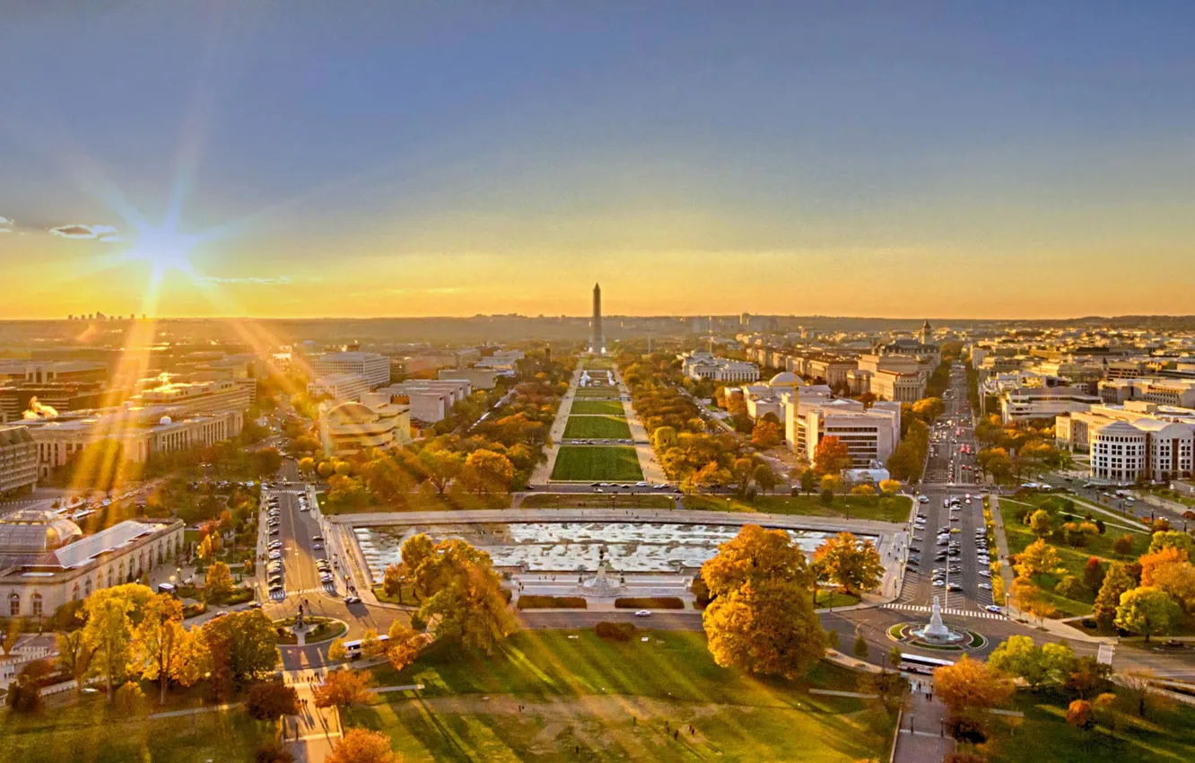Photo wallpaper the sun, landscape, sunset, panorama, Washington, USA, DC, The national Mall