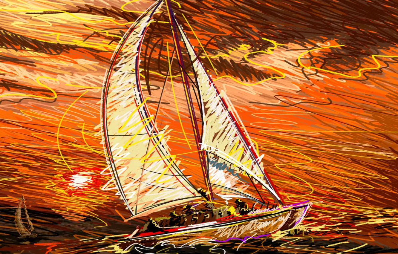 Photo wallpaper sea, the sky, sunset, clouds, boat, vector, yacht, sail