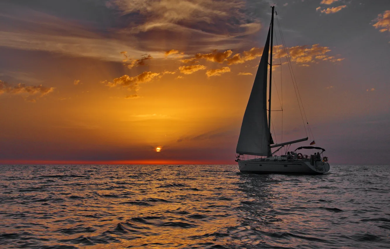 Photo wallpaper the sky, clouds, sunset, boat, the evening, yacht, sail, night