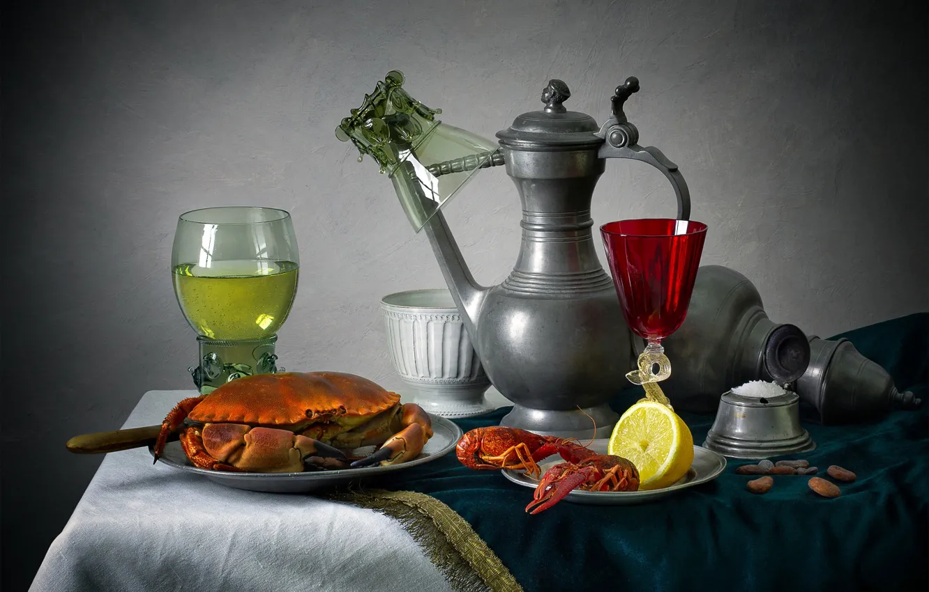 Photo wallpaper glass, metal, table, wine, lemon, glass, crab, plate
