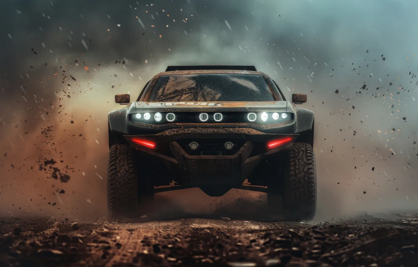 Photo wallpaper vehicle, weather, off-road, photorealistic, terrain, conditions, view, nature