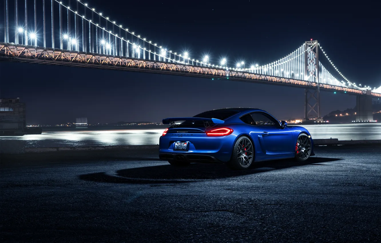Photo wallpaper Porsche, Cayman, Car, Blue, Bridge, Night, Sport, GT4